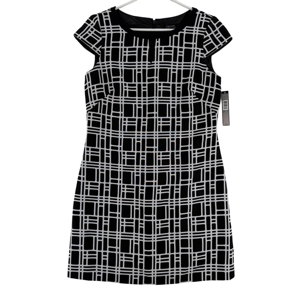 Tahari Arthur S. Levine Dress Womens 6 Black White Carli‎ Sheath Geometric Lined
